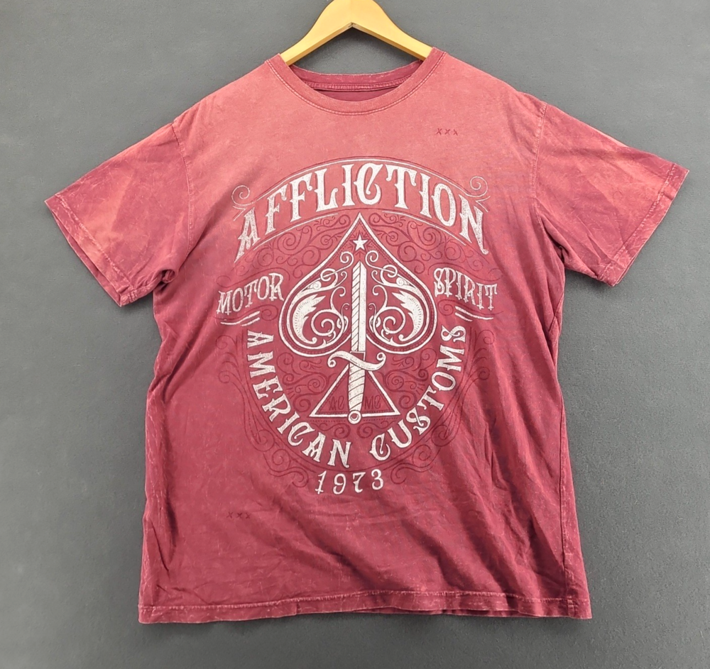 Affliction American Customs T Shirt Mens Large Maroon Skull Ace Spade Sword Y2K